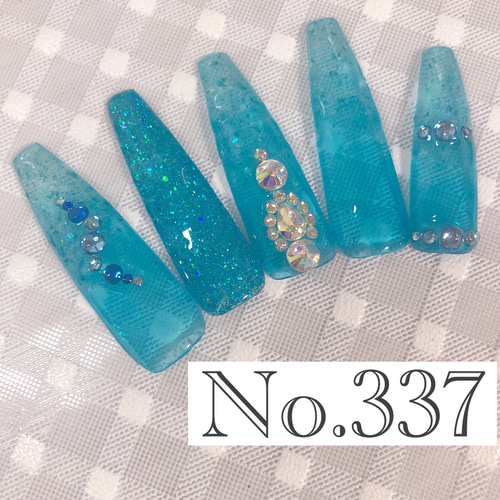 337】 ネイルチップ ロング ギャル クリアブルーネイル ネイル