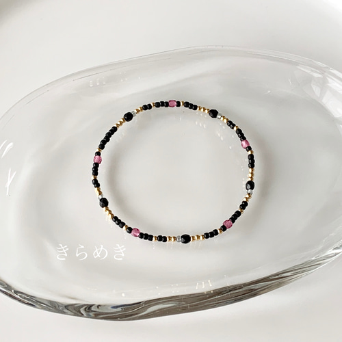 14kgf】 大人 ピンク の ゴム ブレスレット/ビーズ ブラック 黒 チェコ