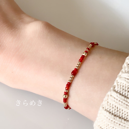 24k金 赤紐ビーズブレスレット 14kgfシンプルレッドゴムブレスレット【14kgf、ビーズ