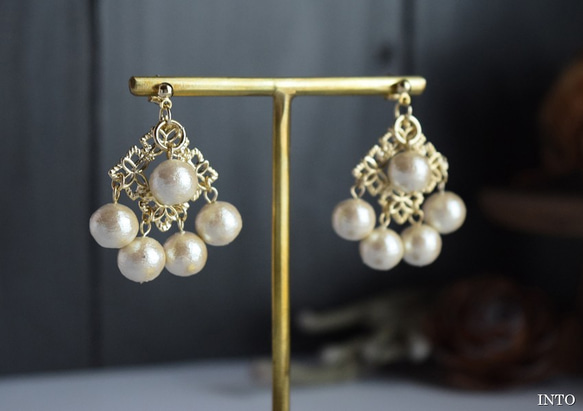 14kgf｜Cotton pearl Chandelier Elegant スタッドピアス｜イヤリング・キャッチ選択可 2枚目の画像