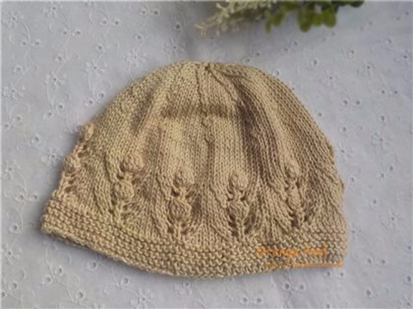 手編みベビー帽子　ナチュラルベージュ 1枚目の画像