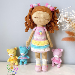 編みぐるみオーガニック コットン女の子と3熊 人形 1枚目の画像
