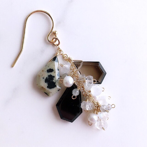 14kgf 天然石 ピクチャージャスパー×ブラックスピネル ピアス