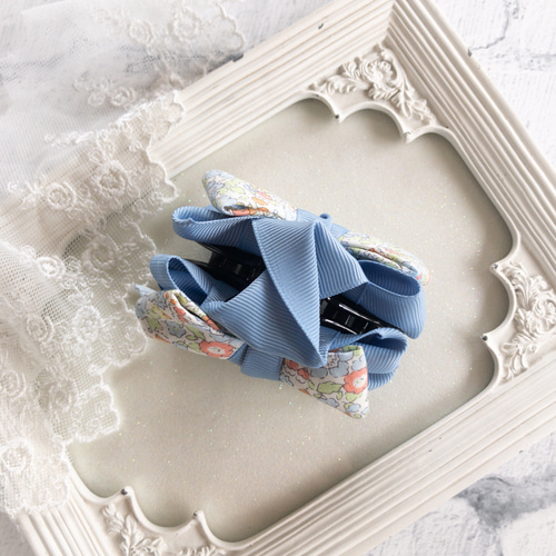 ベッツィ♡リバティリボン バンスクリップ バレッタ＊ハンドメイド リバティリボンのバンスクリップ【小】(ベッツィアン×フレンチブルー