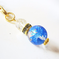 ストラップ キーホルダー チャーム 四神 青 龍 水晶 天然石 手彫り 金