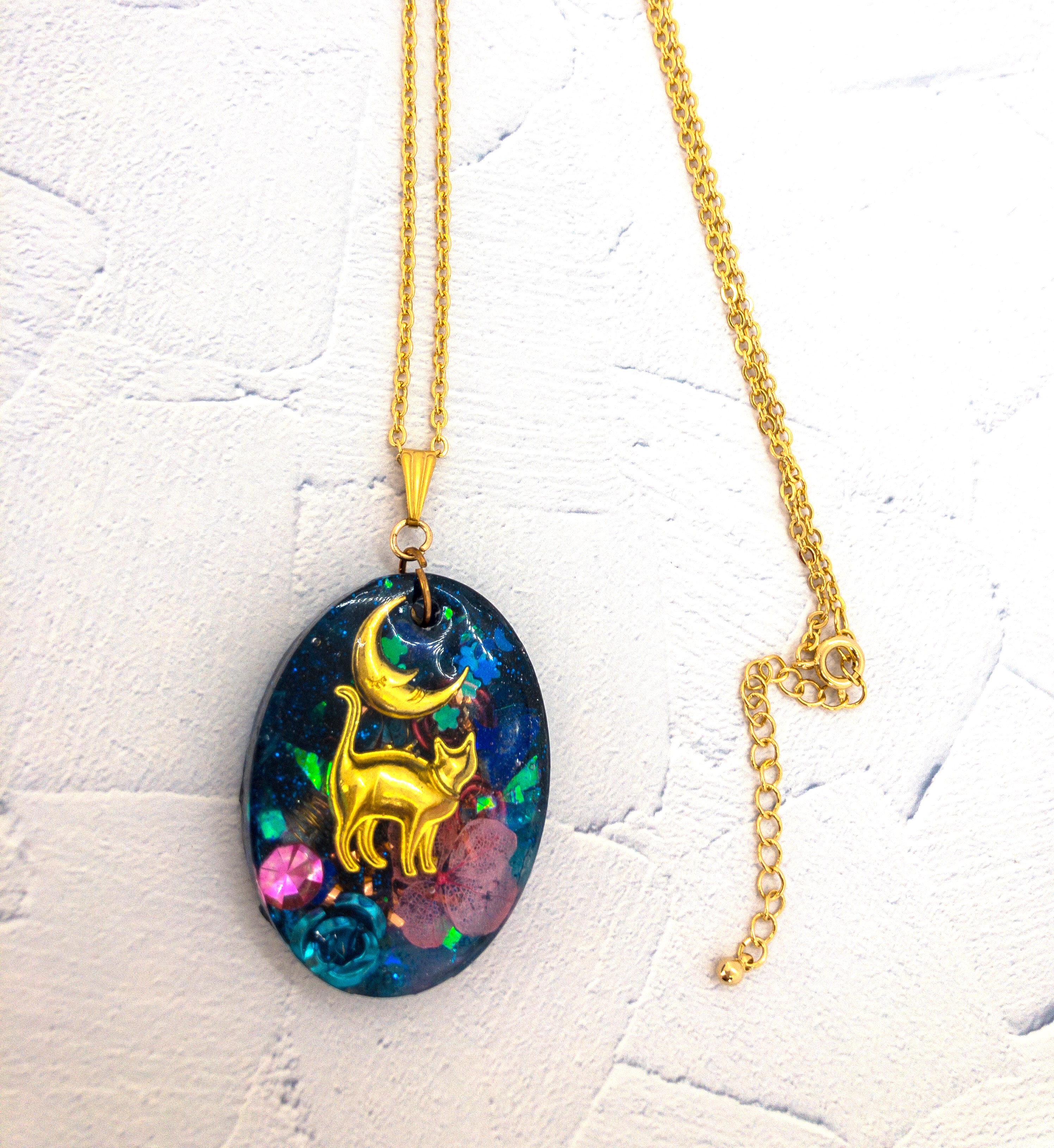 花 月ネコ ファンタジーネックレス オルゴナイ お守り ラピスラズリ 天然石 ペンダント 誕生日 プレゼント