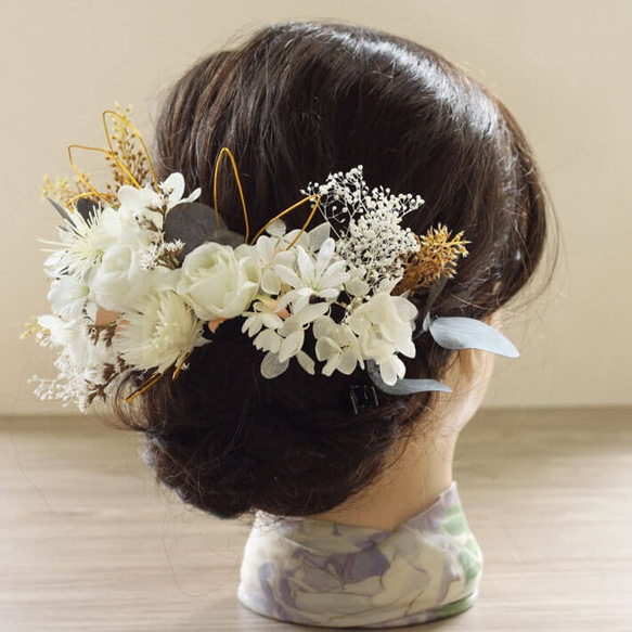 プリザーブドフラワー 髪飾り メリル Cホワイト 水引 ヘッドドレス かすみ草 結婚式 前撮 打掛  K_0406c 5枚目の画像