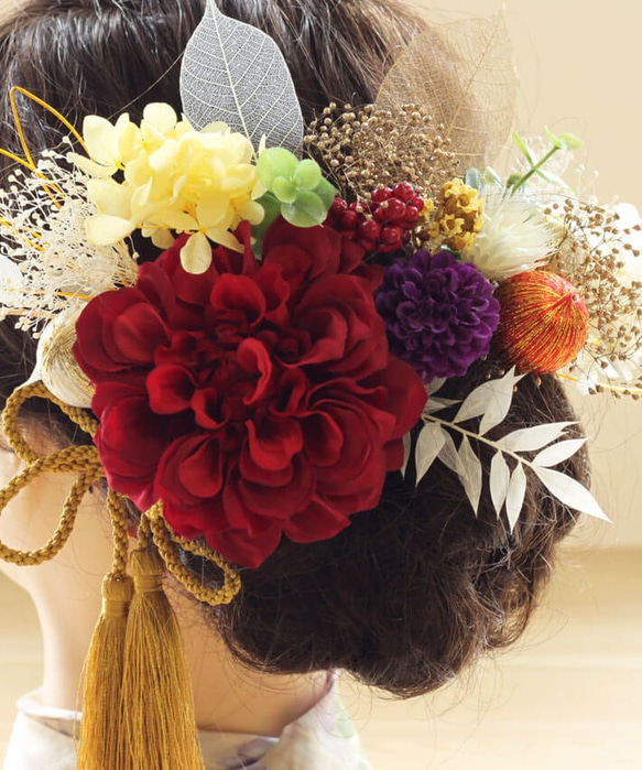 髪飾り 成人式 ダリア 赤 アデル E5 和装 色打掛 振袖 袴 造花 ヘッドドレス ウェディング K_0423e 3枚目の画像
