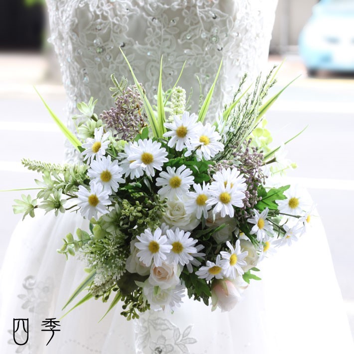 ブーケ 造花 クラッチブーケ デージー ホワイト ローズ ナチュラル グリーン ウェディング 結婚式 海外挙式 前撮り【
