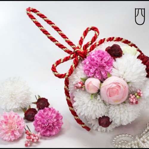 ボールブーケ 紐 和装ブーケ ホワイト&ピンク 花嫁さま 結婚式
