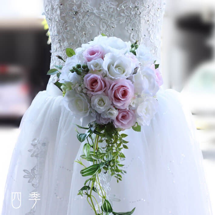 ブーケ 造花 ピュアピンクバイン ローズ 巻きバラ ホワイト 結婚式 海外挙式 前撮り 送料無料 B_0208布