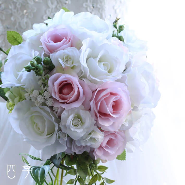 ブーケ 造花 ピュアピンクバイン ローズ 巻きバラ ホワイト 結婚式 海外挙式 前撮り 送料無料 B_0208