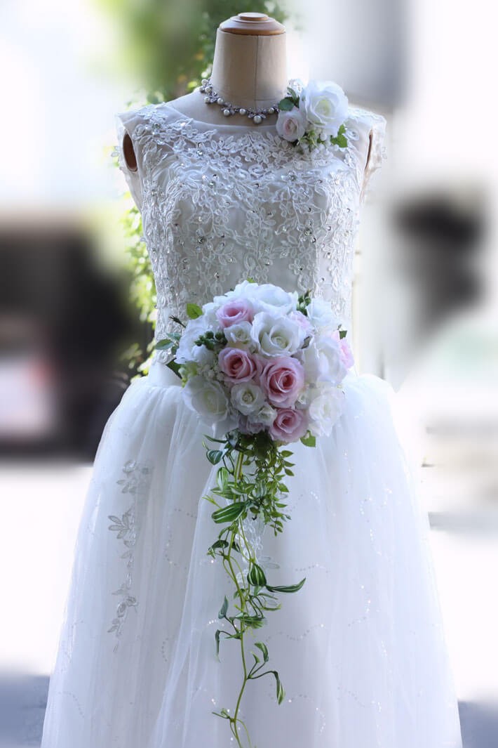 ブーケ 造花 ピュアピンクバイン ローズ 巻きバラ ホワイト 結婚式 海外挙式 前撮り 送料無料 B_0208
