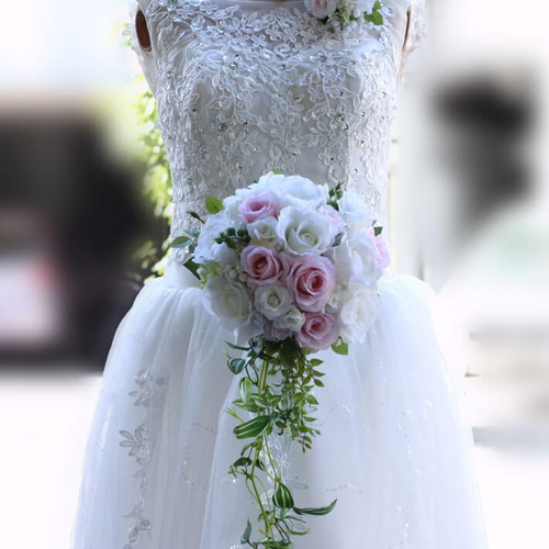 ブーケ 造花 ピュアピンクバイン ローズ 巻きバラ ホワイト 結婚式