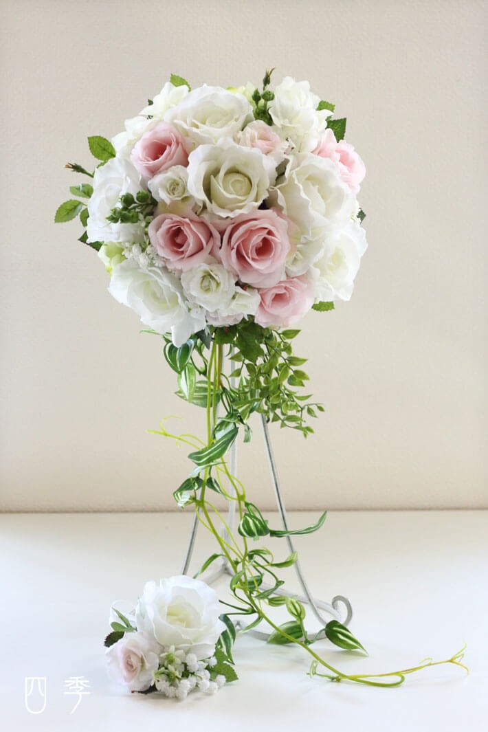 ブーケ 造花 ピュアピンクバイン ローズ 巻きバラ ホワイト 結婚式 海外挙式 前撮り 送料無料 B_0208