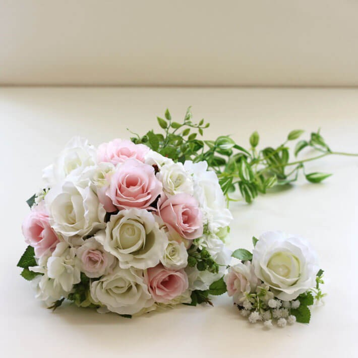 ブーケ 造花 ピュアピンクバイン ローズ 巻きバラ ホワイト 結婚式 海外挙式 前撮り 送料無料 B_0208