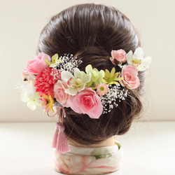 髪飾り ヘッドドレス リヨン Cピンク 蘭 ローズ かすみ草 タッセル 成人式 結婚式 送料無料  K_0373c 2枚目の画像