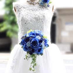 ブーケ ブルー（青） 造花 ブルーバード ウェディングブーケ ラウンドブーケ ブトニア付き リゾ婚 結婚式B_0084 3枚目の画像