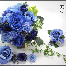 ブーケ ブルー（青） 造花 ブルーバード ウェディングブーケ ラウンドブーケ ブトニア付き リゾ婚 結婚式B_0084 4枚目の画像