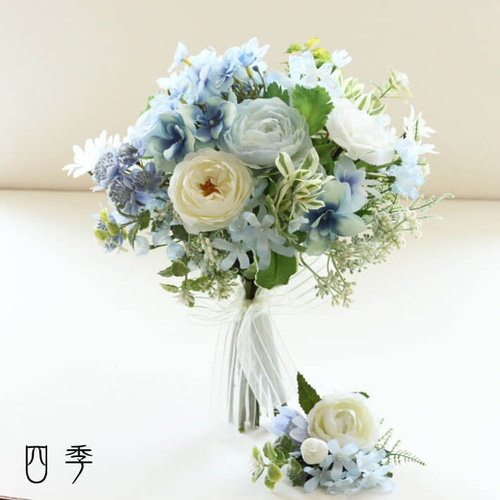 ブーケ 造花 クラッチブーケ アクアブルーA ブートニアセット ブーケ 造花 クラッチブーケ アクアブルーA ブートニアセット