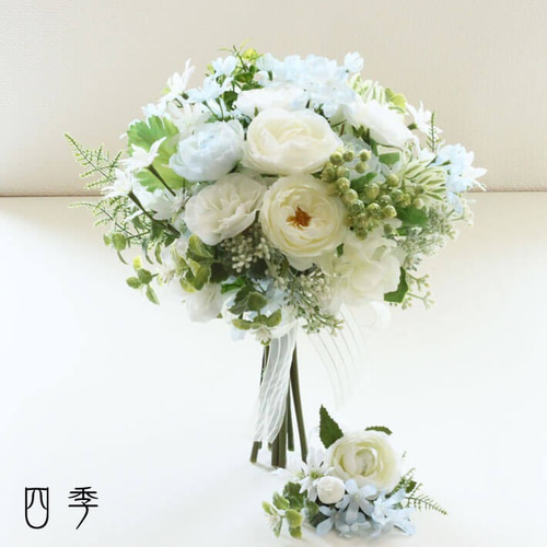 ブーケ 造花 クラッチブーケ アクアブルーB ブートニアセット ブーケ 造花 クラッチブーケ アクアブルーB ブートニアセット