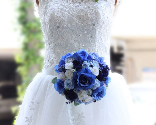 ブーケ 造花 マリンブルー ウェディングブーケ ラウンド 結婚式