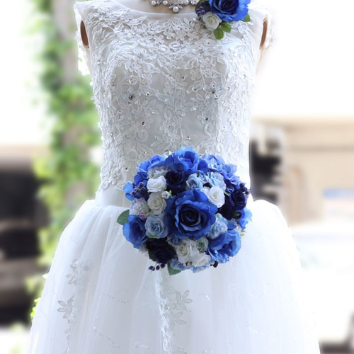 ブーケ 造花 マリンブルー ウェディングブーケ ラウンド 結婚式 前撮り