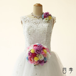 ウェディングブーケ ミックスカラー　ラウンドブーケ ヘッドドレス付き 造花 結婚式 海外挙式 前撮り B_0181 1枚目の画像
