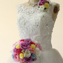 ウェディングブーケ ミックスカラー　ラウンドブーケ ヘッドドレス付き 造花 結婚式 海外挙式 前撮り B_0181 2枚目の画像