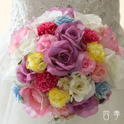 ウェディングブーケ ミックスカラー　ラウンドブーケ ヘッドドレス付き 造花 結婚式 海外挙式 前撮り B_0181 4枚目の画像