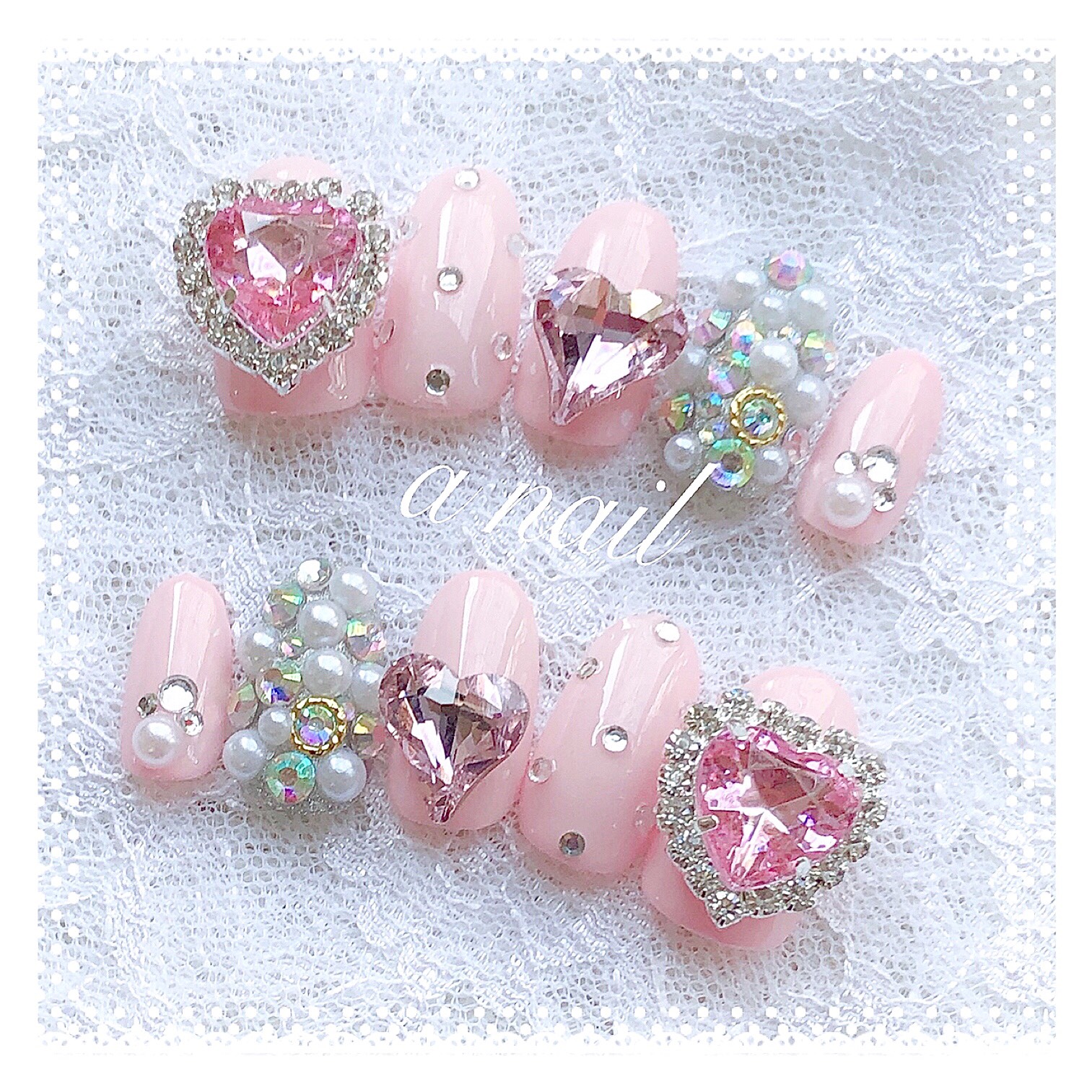 ピンク キラキラハート ビジュー 地雷 韓国 量産型 ジェルネイルチップ  