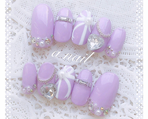 パープル ハートストーン リボン ジェルネイルチップ ネイルチップ  