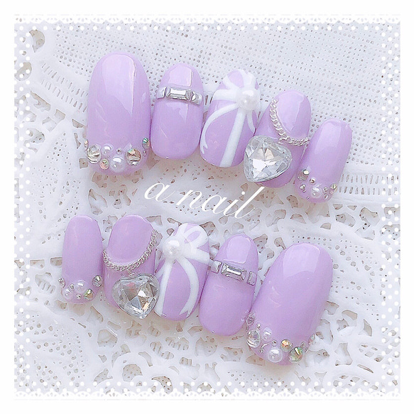 パープル ハートストーン リボン ジェルネイルチップ ネイルチップ  