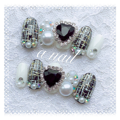 モノトーン ツイード ビジュー 韓国 量産型 地雷系 ネイルチップ  