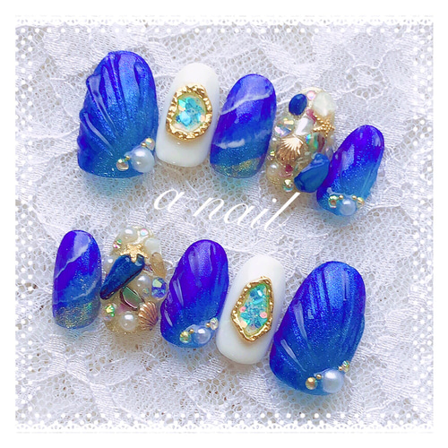 夏ネイル ブルーラメ マーメイド 波模様 ジェルネイルチップ ネイル  