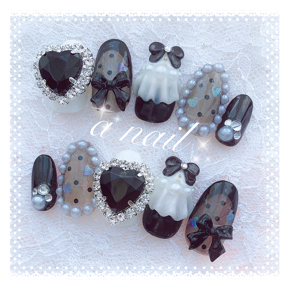 ブラック ハート リボン シースルー 韓国 地雷 量産型 ネイルチップ  