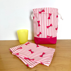 お弁当袋 コップ袋 ランチョンマット 3点セット リボン　ピンク　給食袋　小学校　入園入学 5枚目の画像