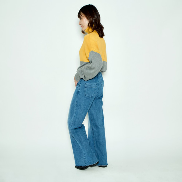 Morino Gakkou Front Button High Waist Wide Denim Pants [Stretch 第5張的照片