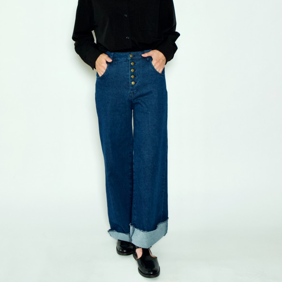 Morino Gakkou Front Button High Waist Wide Denim Pants [Indigo ( 第1張的照片