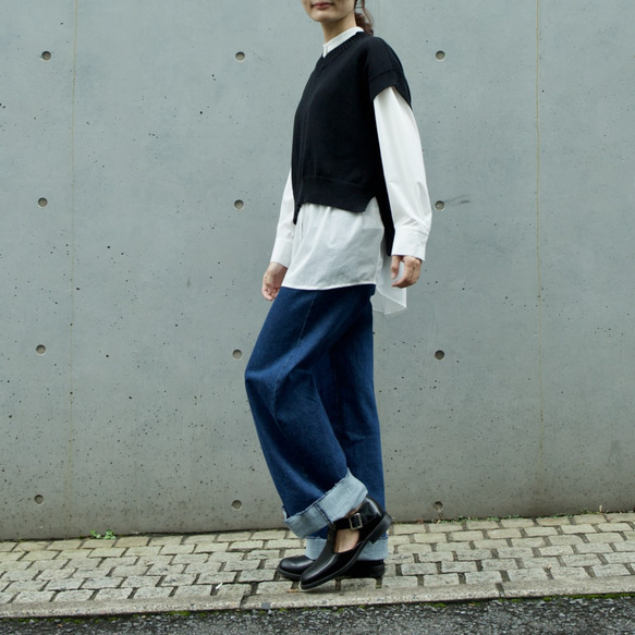 Morino Gakkou Front Button High Waist Wide Denim Pants [Indigo ( 第3張的照片