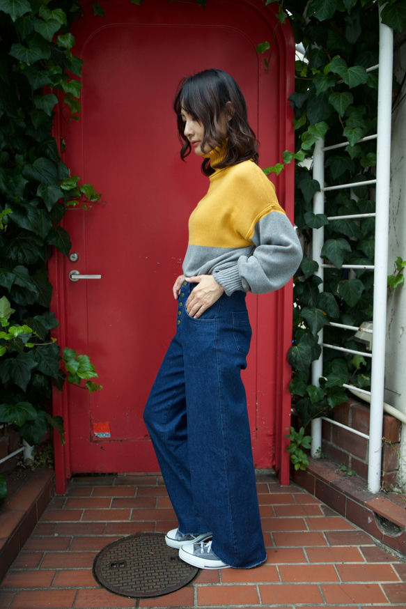 Morino Gakkou Front Button High Waist Wide Denim Pants [Indigo ( 第8張的照片