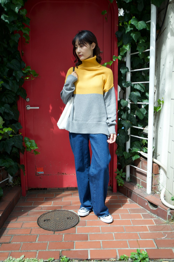 Morino Gakkou Front Button High Waist Wide Denim Pants [Indigo ( 第9張的照片