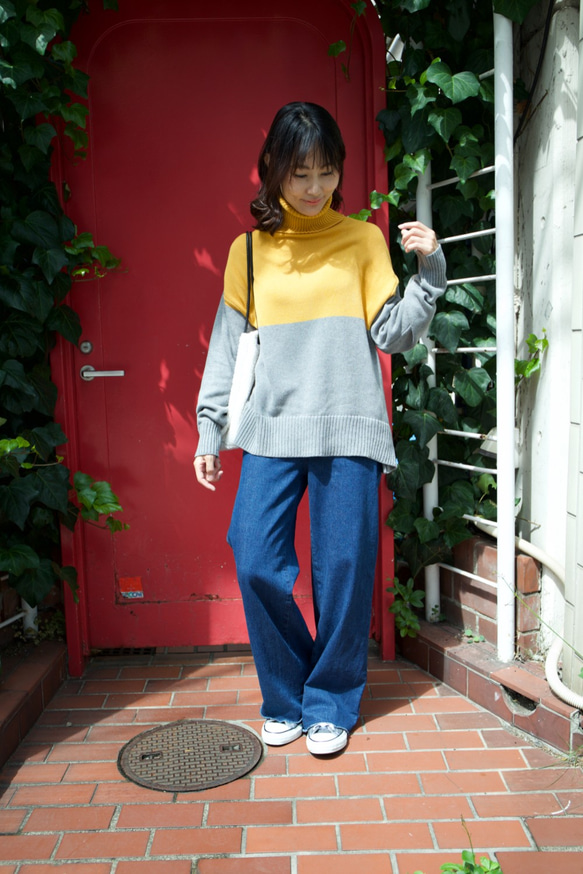 Morino Gakkou Front Button High Waist Wide Denim Pants [Indigo ( 第10張的照片