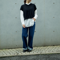 Morino Gakkou Front Button High Waist Wide Denim Pants [Indigo ( 第6張的照片
