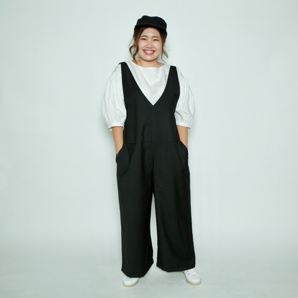 Morino Gakko [Large size]成人可愛V型開口背帶褲[黑色]/11040956/ 第3張的照片