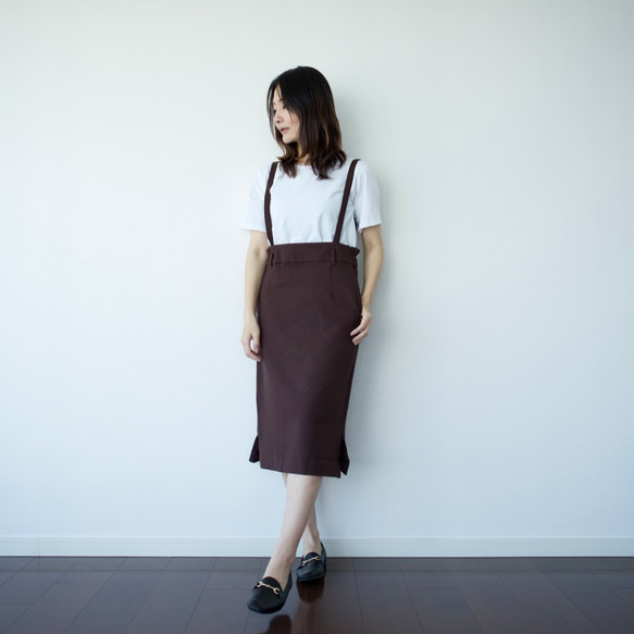 ﾓﾘﾉｶﾞｯｺｳ サロペットタイトスカート (こげ茶) ストレートタイトスカート 7枚目の画像