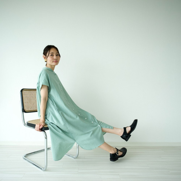 麻棉襯衫裙也可以做成外罩【薄荷綠】/11851332/ 第5張的照片