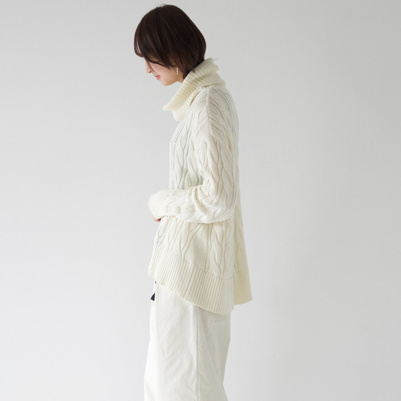Morino Gakko Soft Cotton 100 高領絞花針織衫 [白色]/12837489/ 第4張的照片
