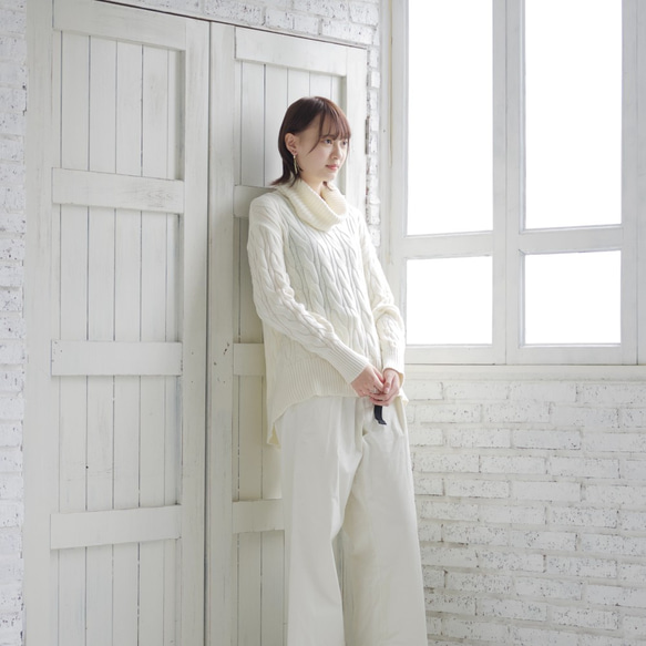 Morino Gakko Soft Cotton 100 高領絞花針織衫 [白色]/12837489/ 第9張的照片