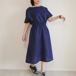 涼感亞麻洋裝・連身裙【海軍藍】/3909966/ 第2張的照片
